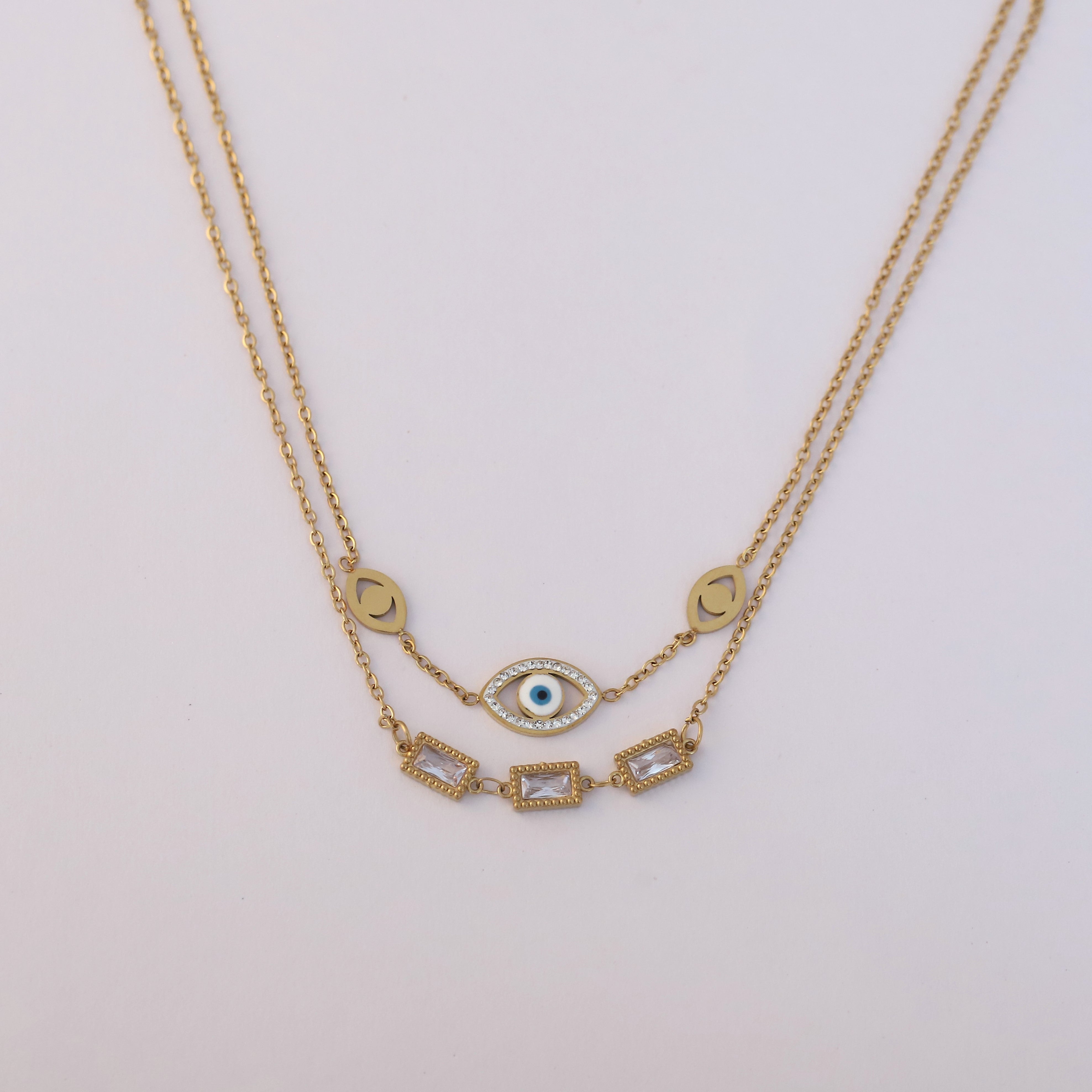 Evil Eye White Stone Chain Gold Plated – Double Layer, Anti-Tarnish, Waterproof, Minimalist Style (GOLD)