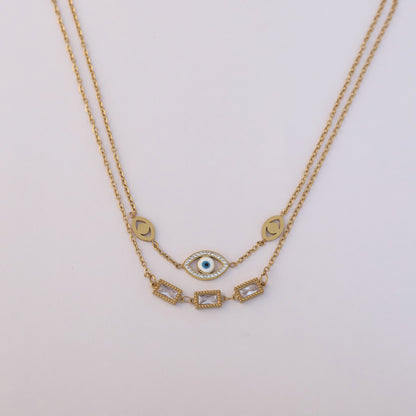 Evil Eye White Stone Chain Gold Plated – Double Layer, Anti-Tarnish, Waterproof, Minimalist Style (GOLD)