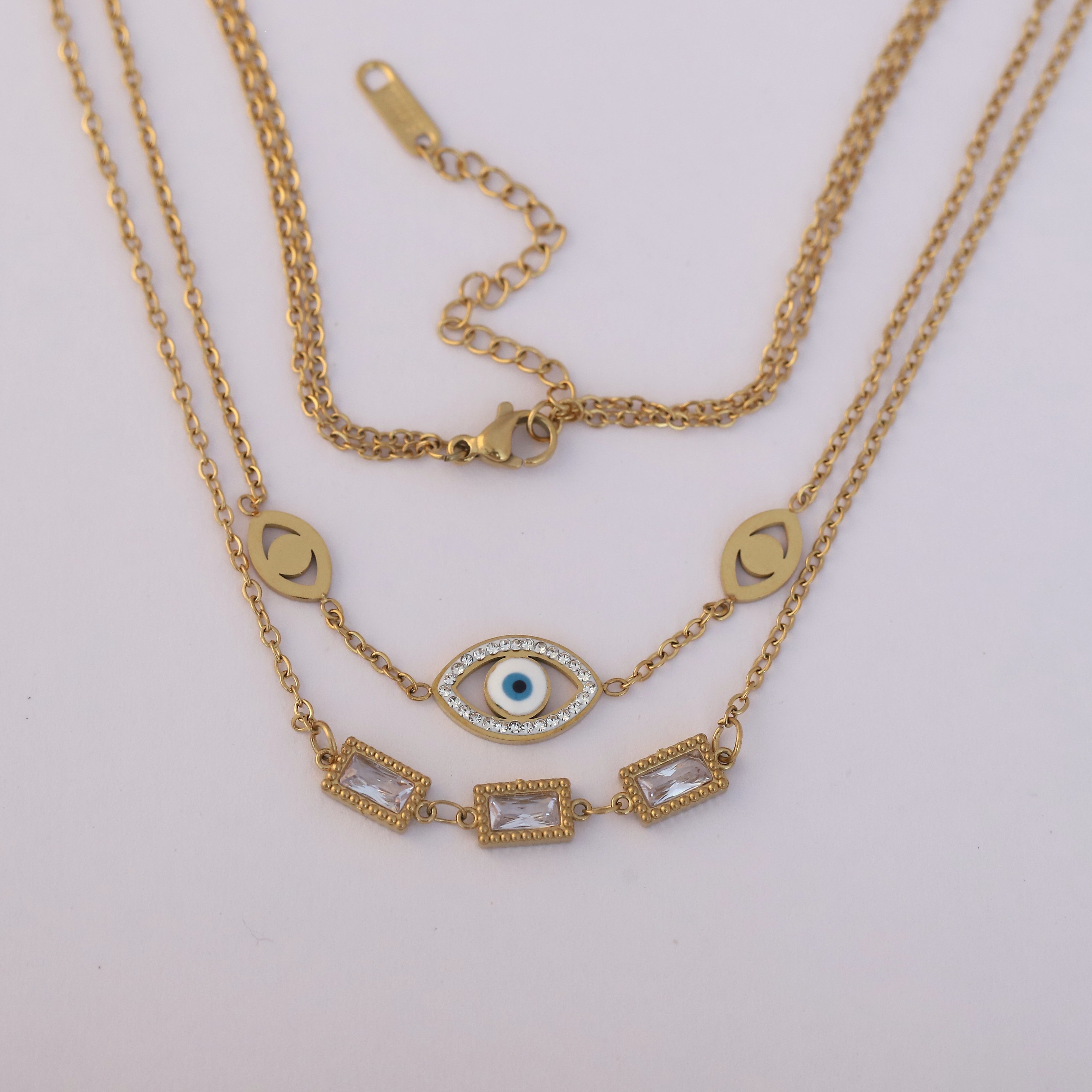 Evil Eye White Stone Chain Gold Plated – Double Layer, Anti-Tarnish, Waterproof, Minimalist Style (GOLD)