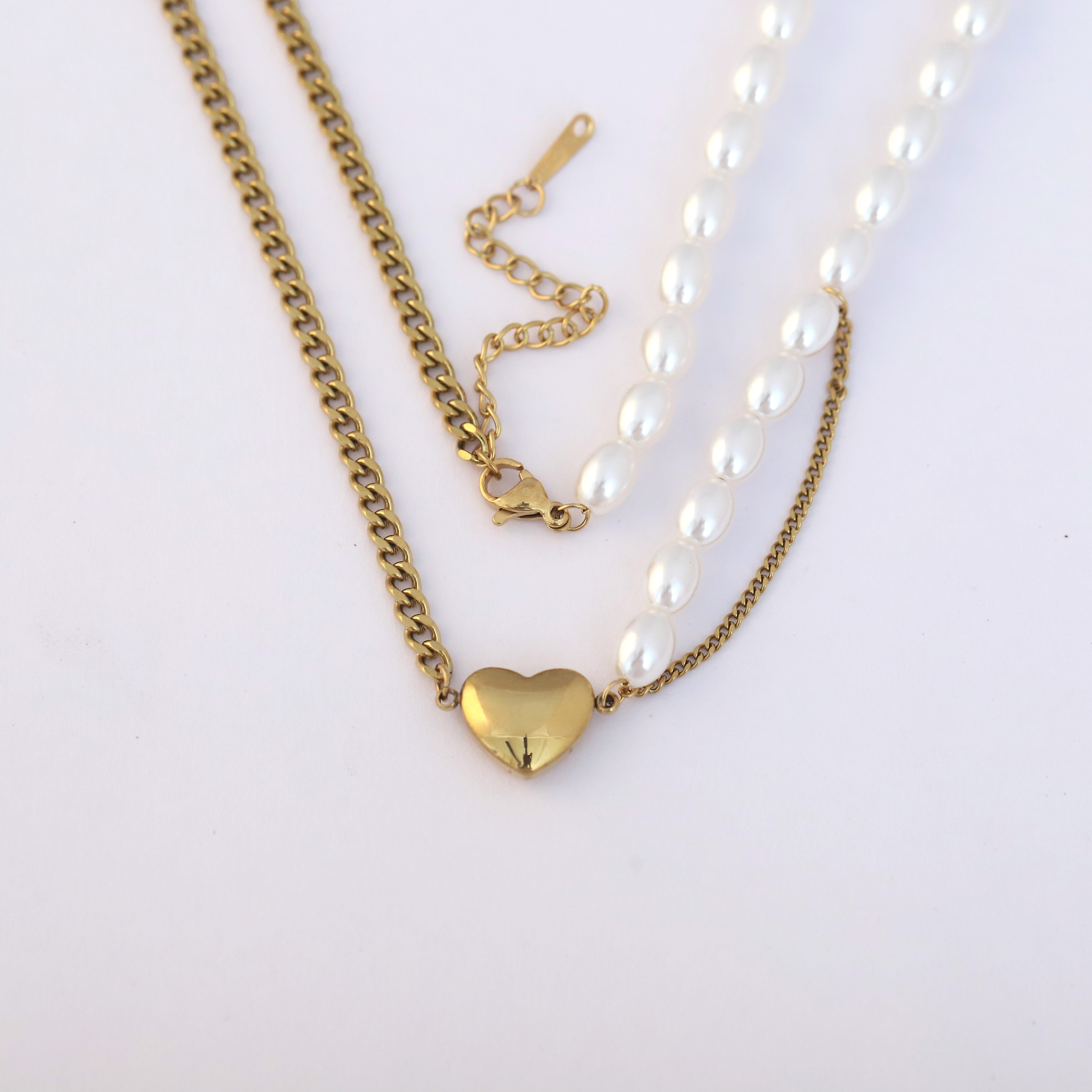 Heart Charm Pearl Chain Gold Plated – Single Layer, Anti-Tarnish, Waterproof, Minimalist Style (GOLD)