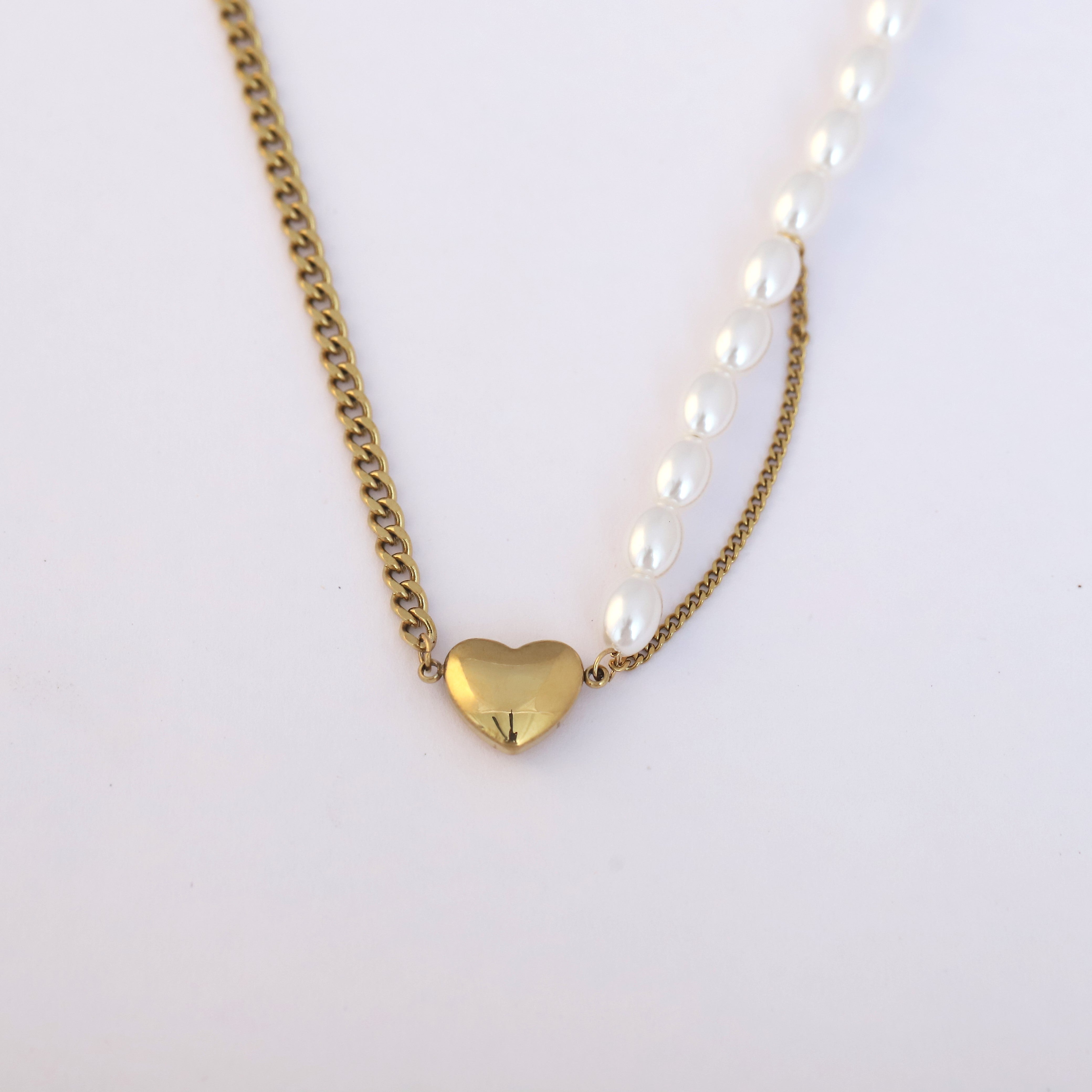 Heart Charm Pearl Chain Gold Plated – Single Layer, Anti-Tarnish, Waterproof, Minimalist Style (GOLD)