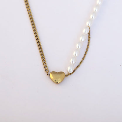 Heart Charm Pearl Chain Gold Plated – Single Layer, Anti-Tarnish, Waterproof, Minimalist Style (GOLD)