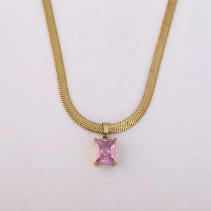 Snake Chain with Pink Stone Charm Gold Plated – Single Layer, Anti-Tarnish, Waterproof, Minimalist Style (GOLD)