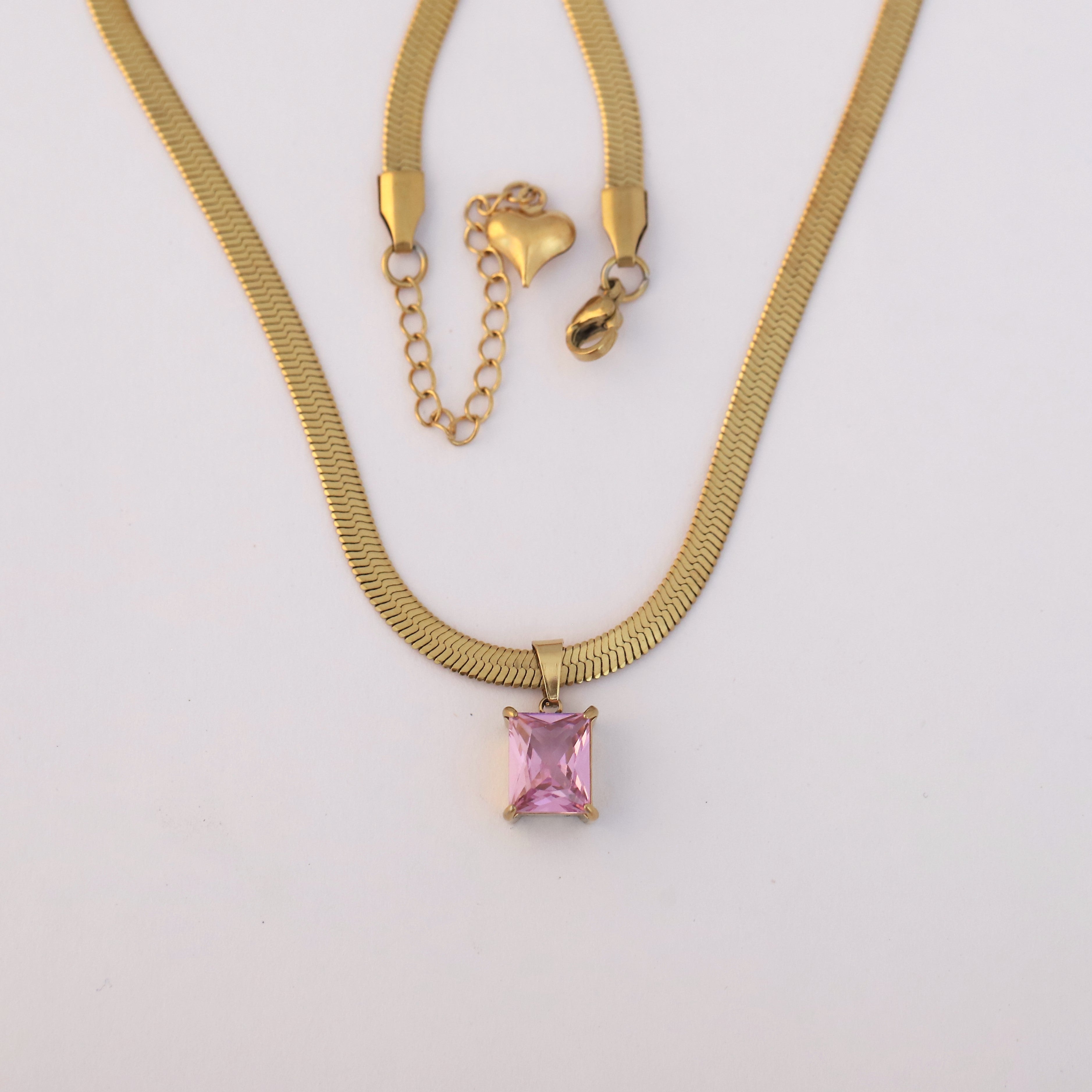 Snake Chain with Pink Stone Charm Gold Plated – Single Layer, Anti-Tarnish, Waterproof, Minimalist Style (GOLD)