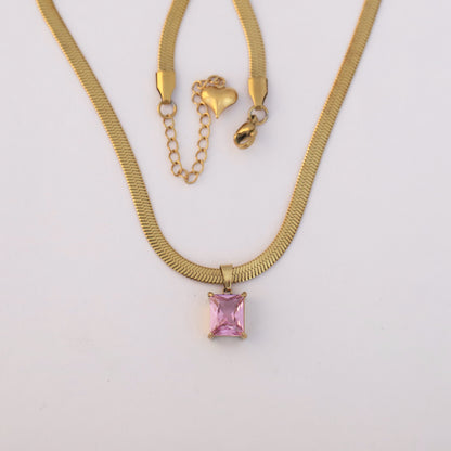 Snake Chain with Pink Stone Charm Gold Plated – Single Layer, Anti-Tarnish, Waterproof, Minimalist Style (GOLD)