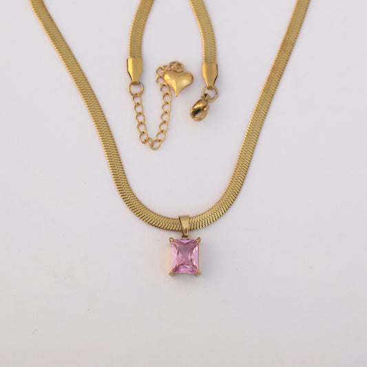 Snake Chain with Pink Stone Charm Gold Plated – Single Layer, Anti-Tarnish, Waterproof, Minimalist Style (GOLD)