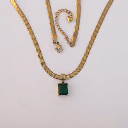 Snake Chain with Green Stone Charm Gold Plated – Single Layer, Anti-Tarnish, Waterproof, Minimalist Style (GOLD)