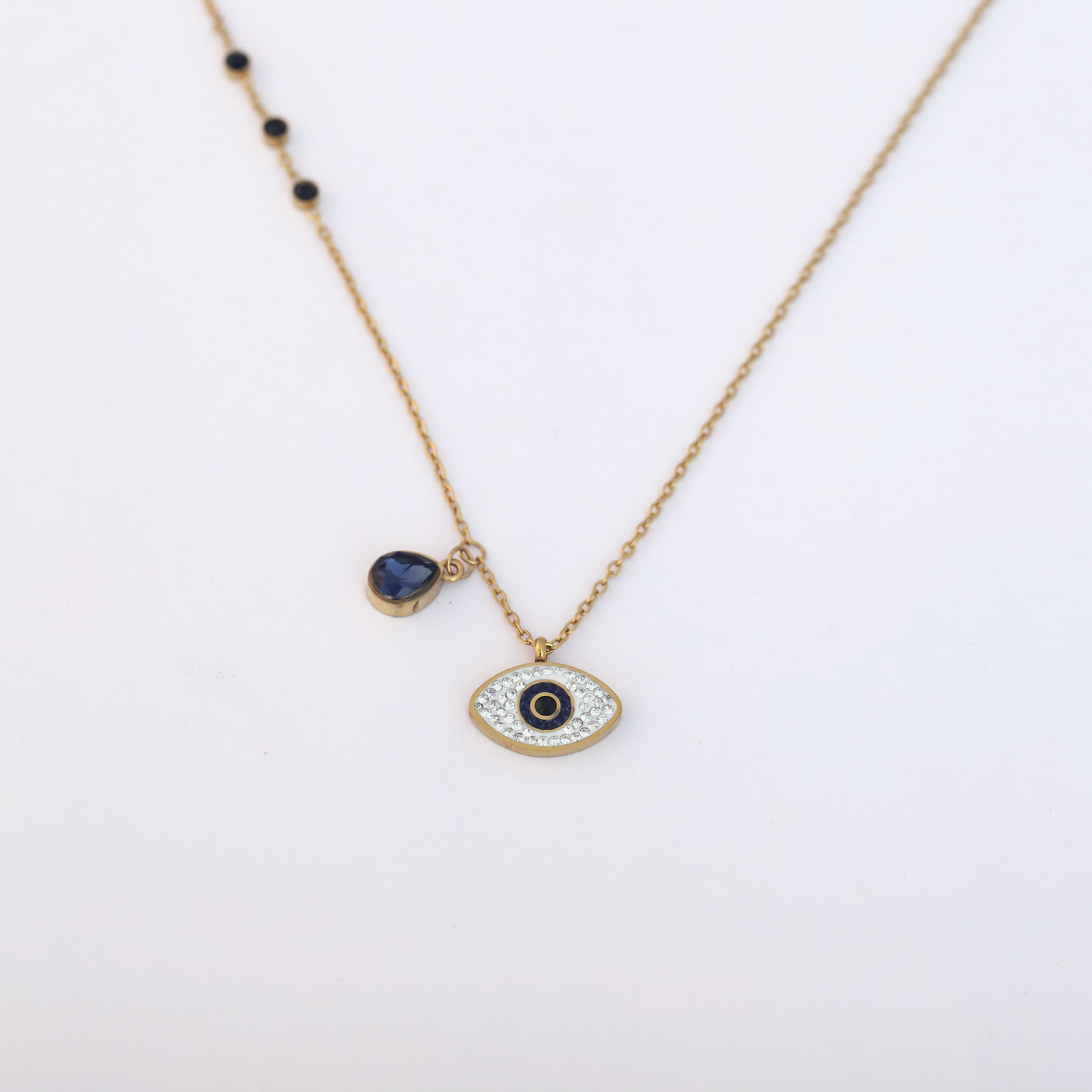 Evil Eye Charm Blue Stone Chain Gold Plated – Single Layer, Anti-Tarnish, Waterproof, Minimalist Style (GOLD)