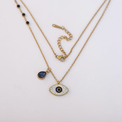 Evil Eye Charm Blue Stone Chain Gold Plated – Single Layer, Anti-Tarnish, Waterproof, Minimalist Style (GOLD)