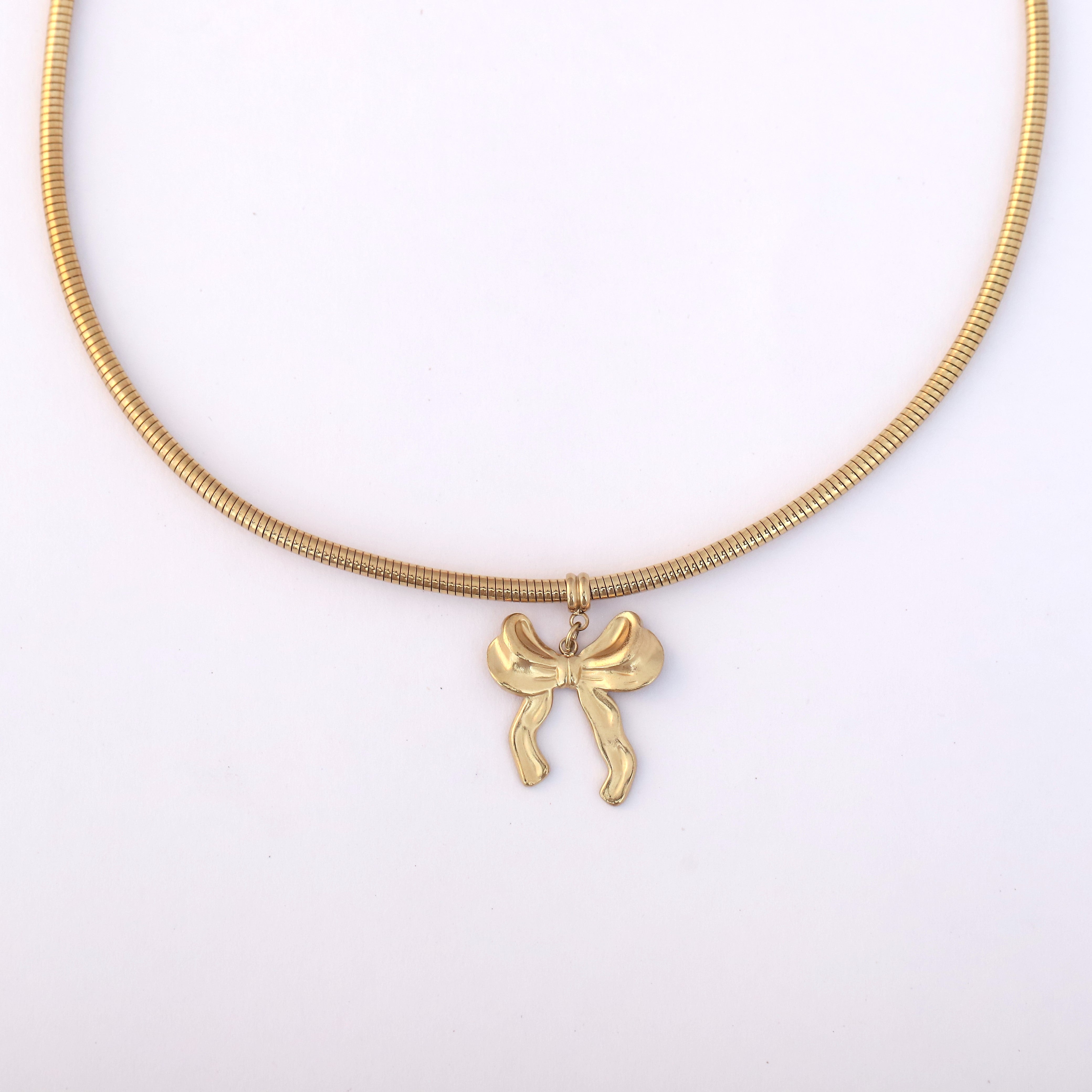 Bow Round Necklace Gold Plated – Single Layer, Anti-Tarnish, Waterproof, Minimalist Style (GOLD)