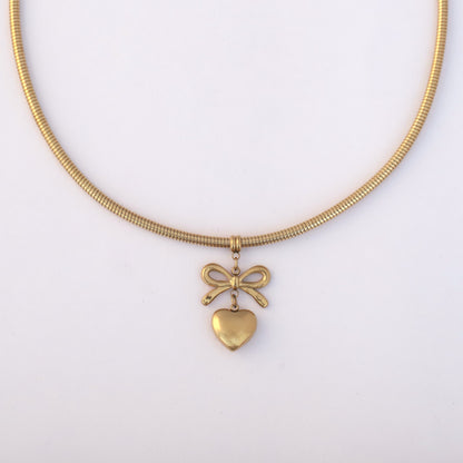 Heart Bow Round Necklace Gold Plated – Single Layer, Anti-Tarnish, Waterproof, Minimalist Style (GOLD)