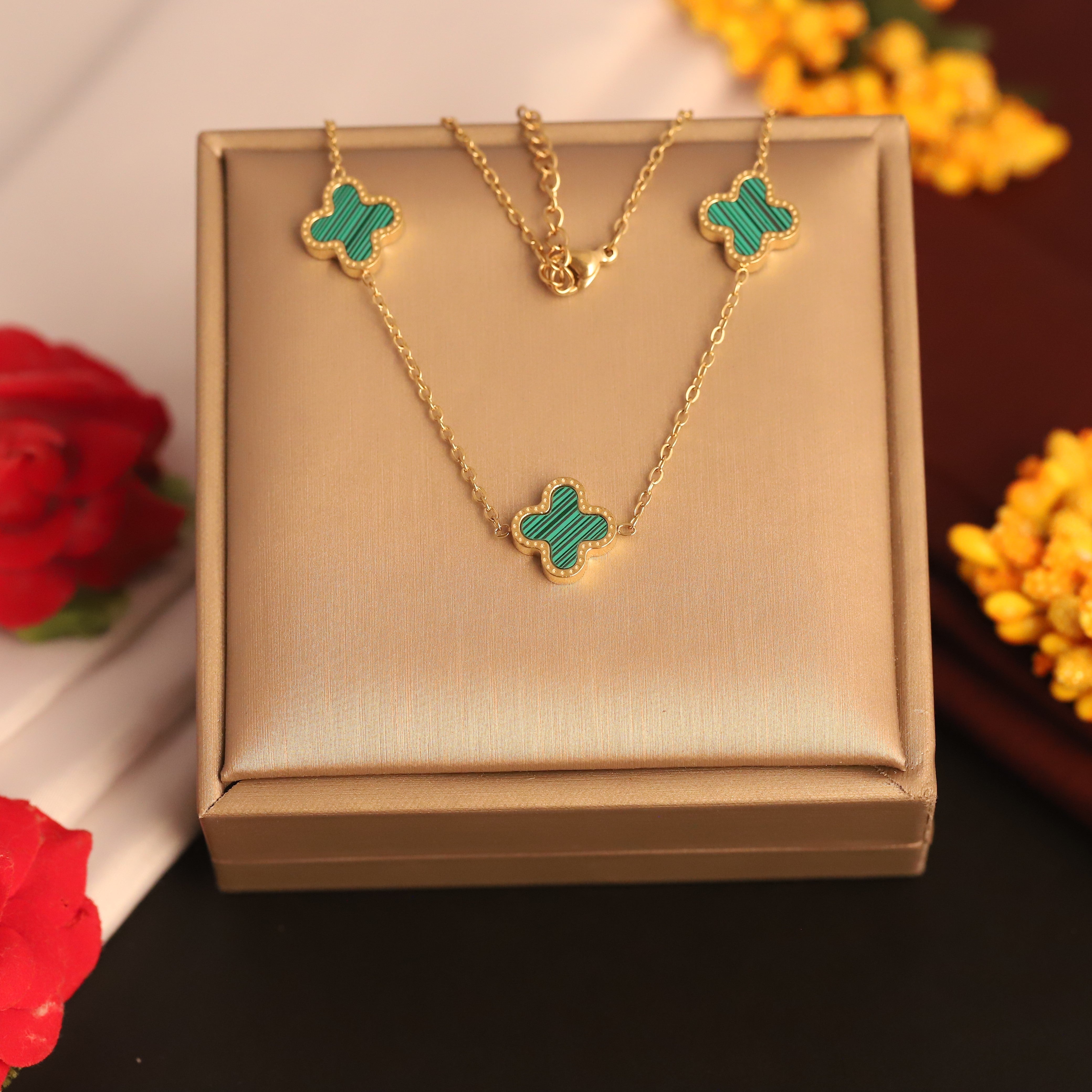Flower Charm Green Color Chain Gold Plated – Single Layer, Anti-Tarnish, Waterproof, Minimalist Style (GOLD)