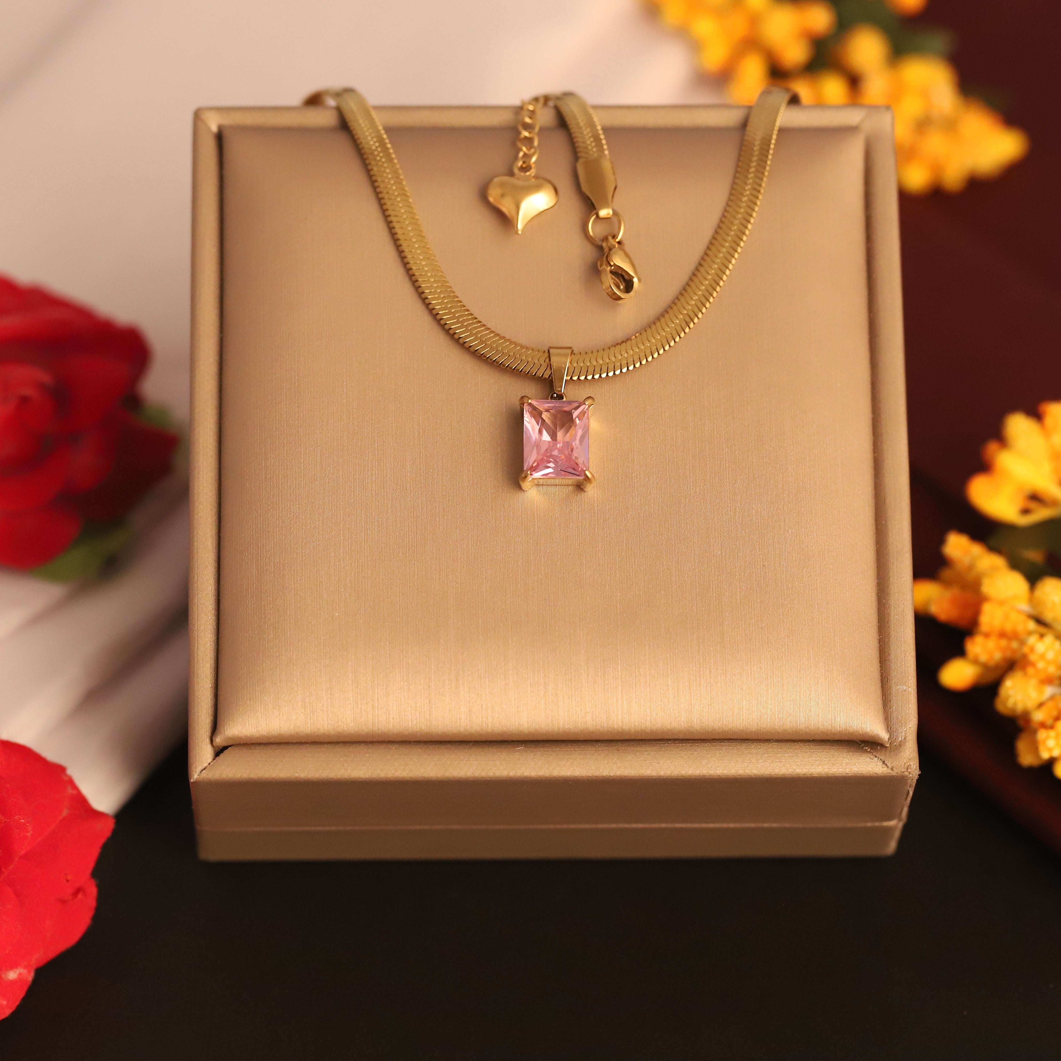 Snake Chain with Pink Stone Charm Gold Plated – Single Layer, Anti-Tarnish, Waterproof, Minimalist Style (GOLD)