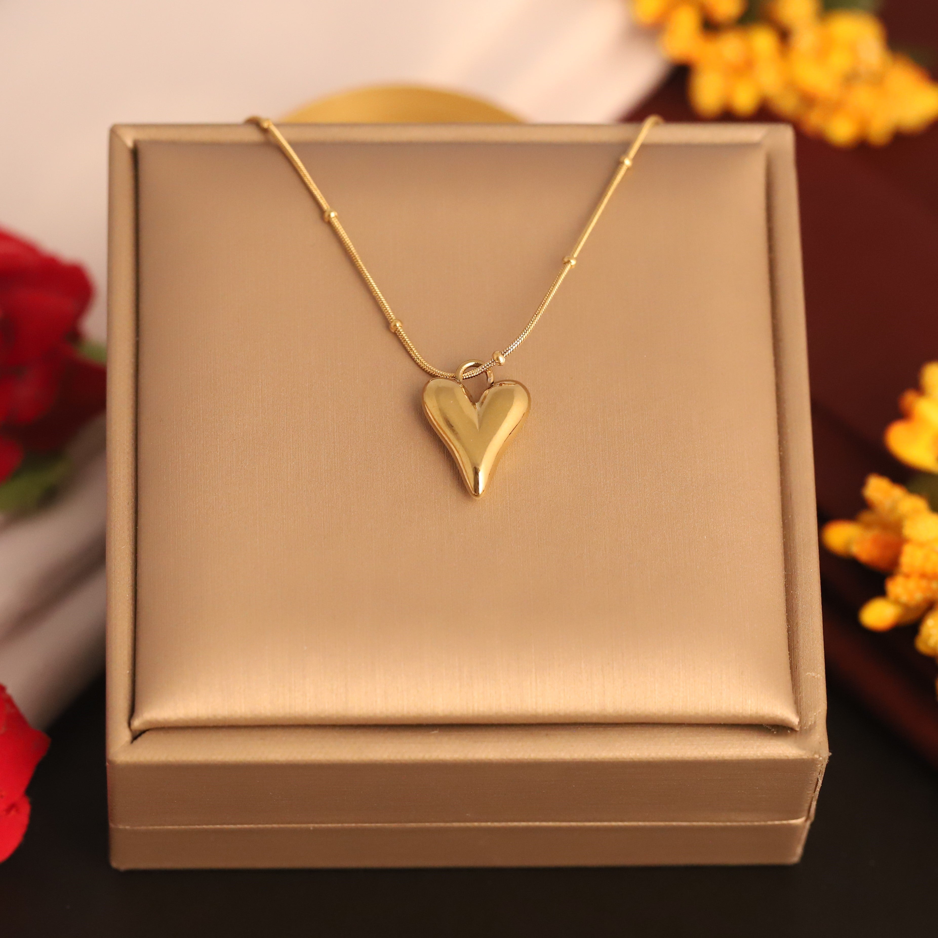 Heart Charm Ball Chain Gold Plated – Single Layer, Anti-Tarnish, Waterproof, Minimalist Style (GOLD)