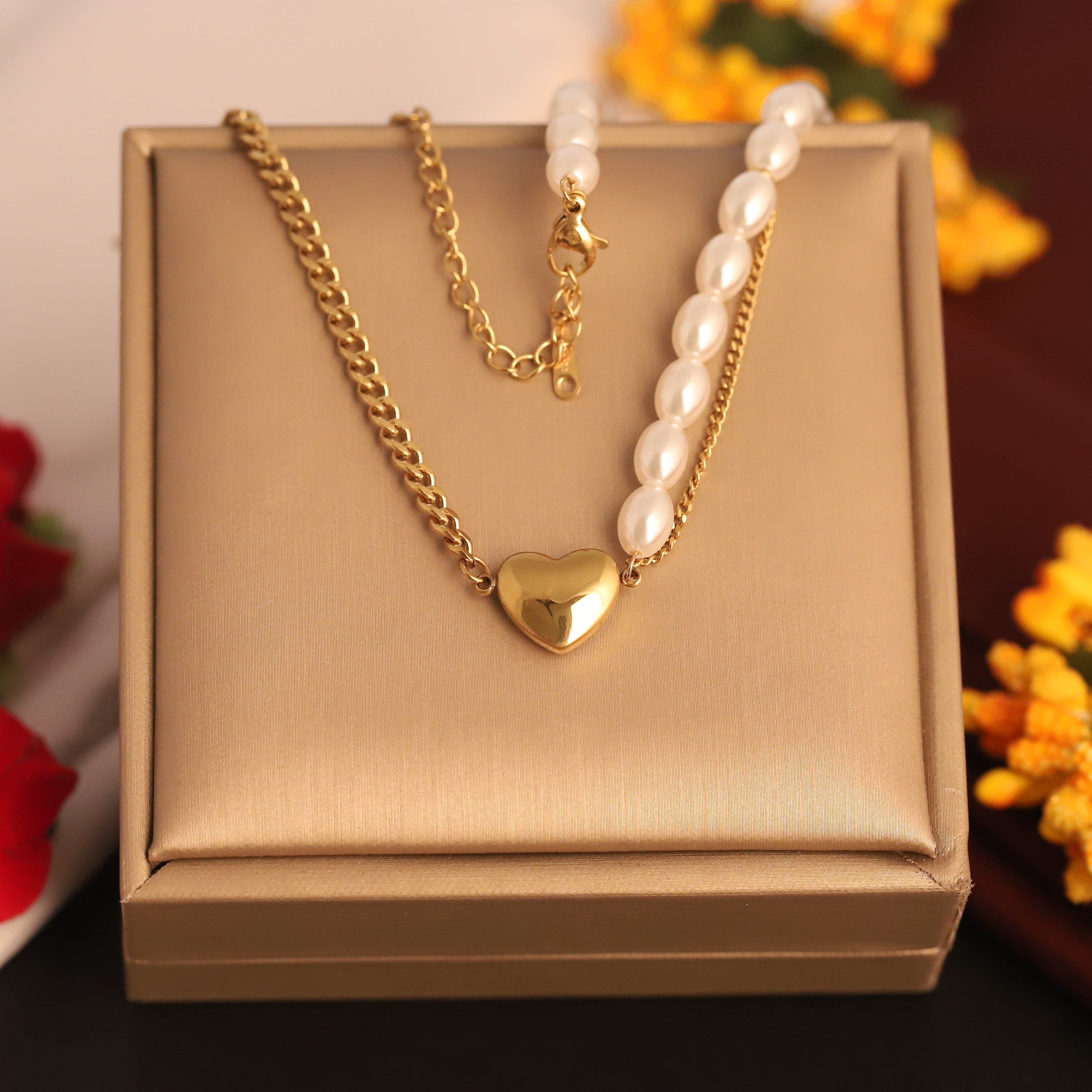 Heart Charm Pearl Chain Gold Plated – Single Layer, Anti-Tarnish, Waterproof, Minimalist Style (GOLD)