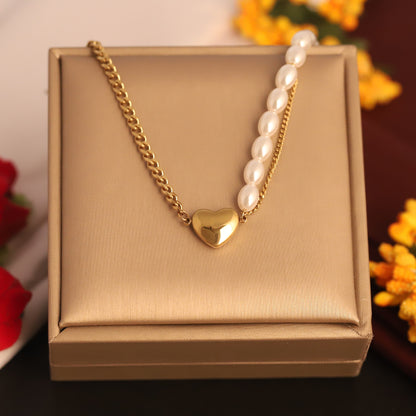 Heart Charm Pearl Chain Gold Plated – Single Layer, Anti-Tarnish, Waterproof, Minimalist Style (GOLD)