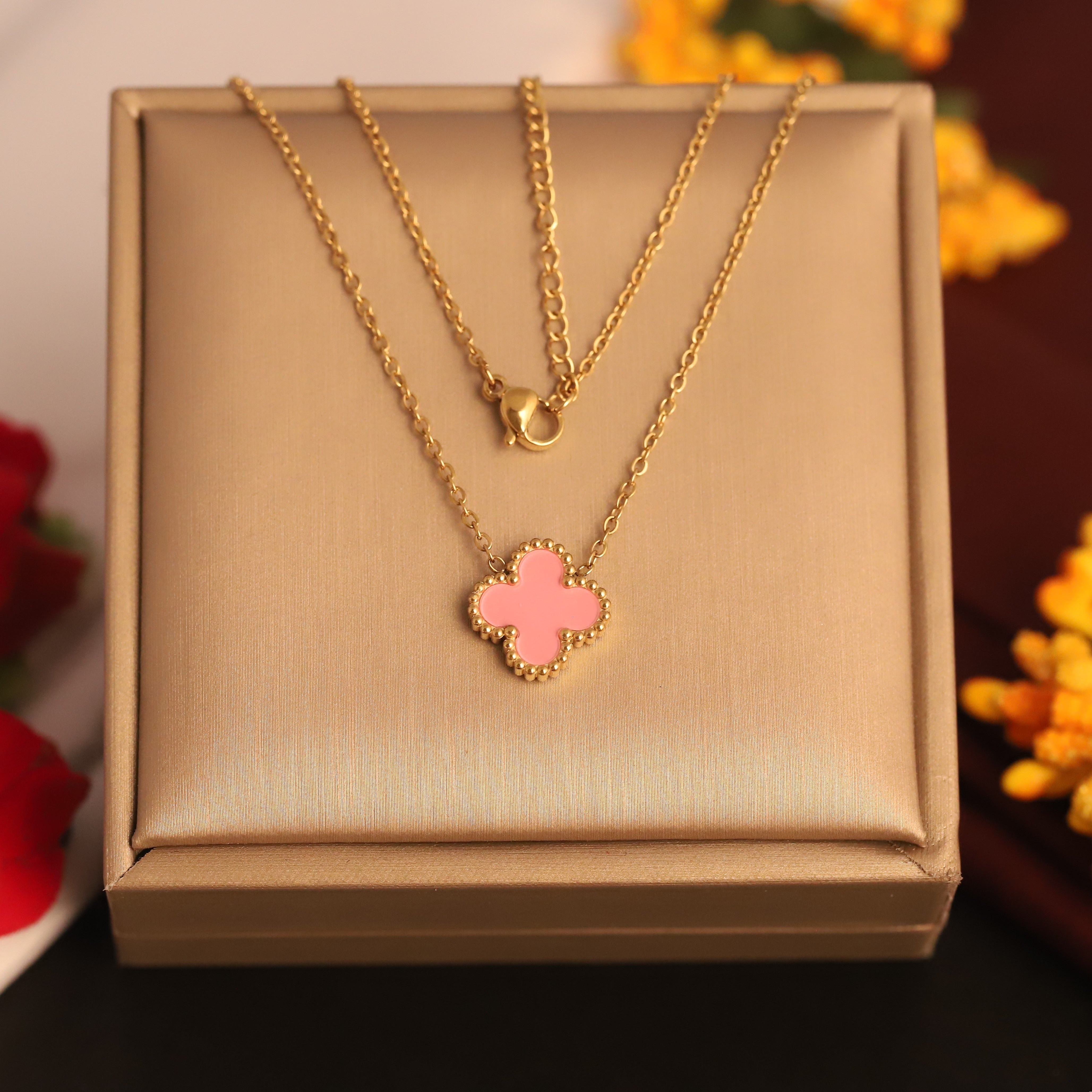 Flower Charm Pink Chain Gold Plated – Single Layer, Anti-Tarnish, Waterproof, Minimalist Style (GOLD)