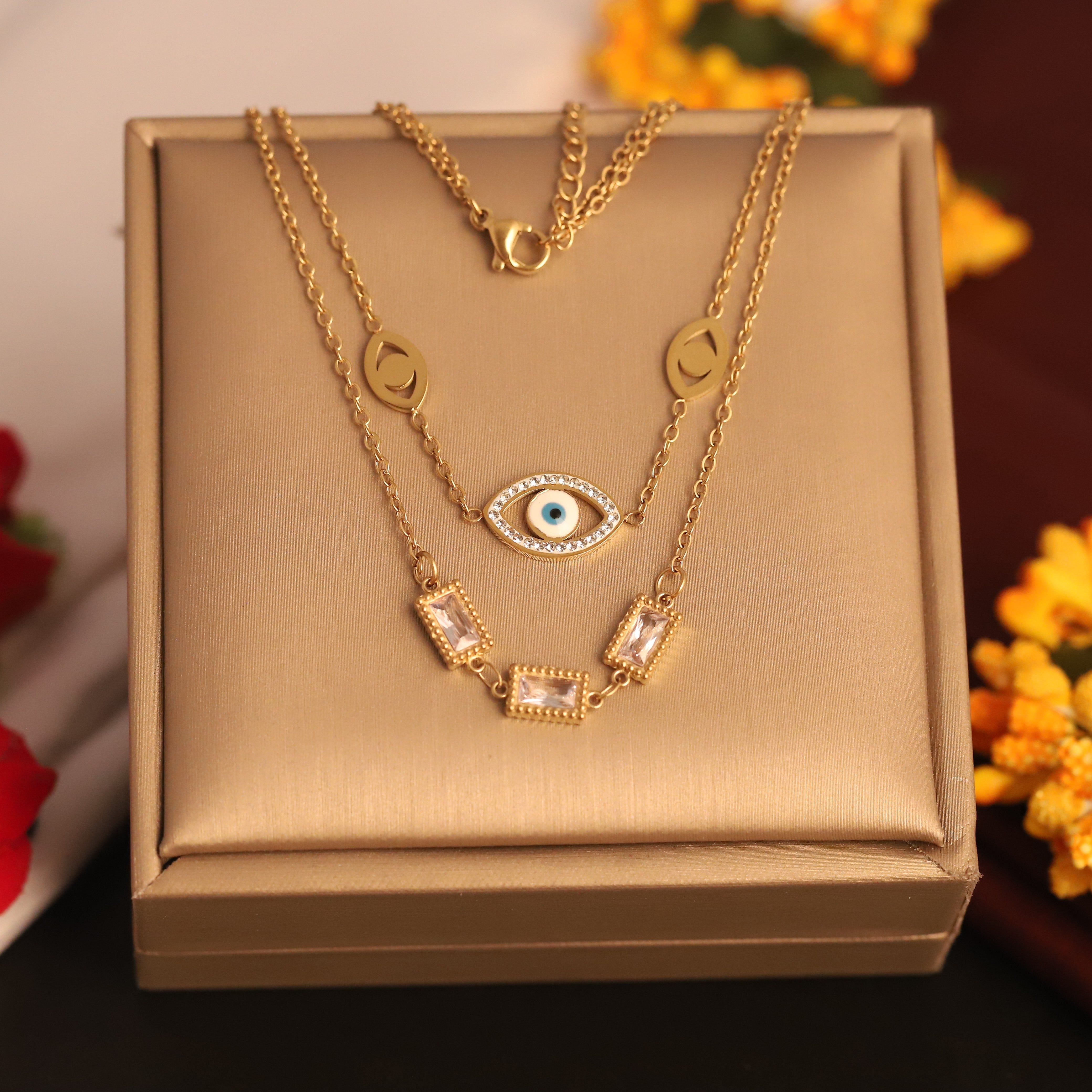 Evil Eye White Stone Chain Gold Plated – Double Layer, Anti-Tarnish, Waterproof, Minimalist Style (GOLD)