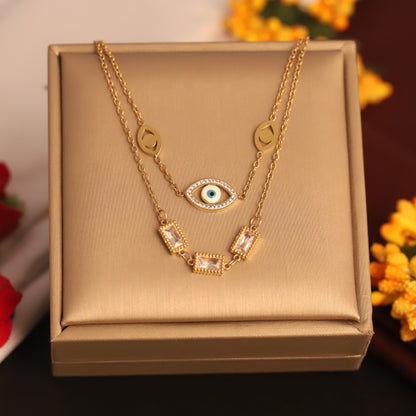 Evil Eye White Stone Chain Gold Plated – Double Layer, Anti-Tarnish, Waterproof, Minimalist Style (GOLD)