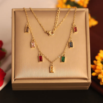 Zircon stone Multi Color Chain Gold Plated – Single Layer, Anti-Tarnish, Waterproof, Minimalist Style (GOLD)