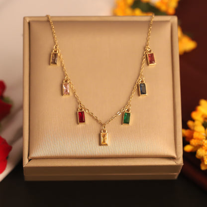Zircon stone Multi Color Chain Gold Plated – Single Layer, Anti-Tarnish, Waterproof, Minimalist Style (GOLD)