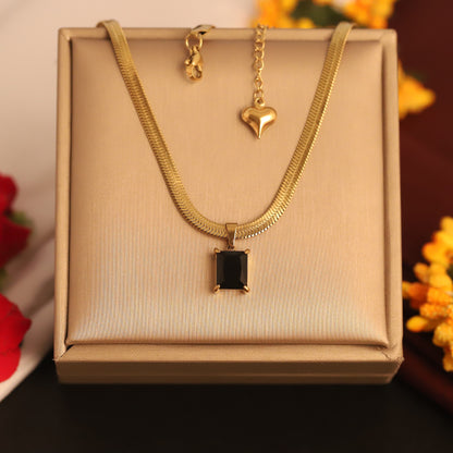 Snake Chain with Black Stone Charm Gold Plated – Single Layer, Anti-Tarnish, Waterproof, Minimalist Style (GOLD)