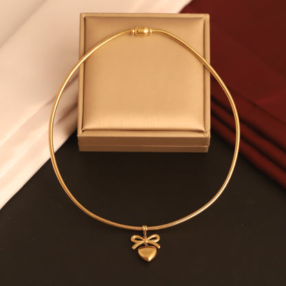 Heart Bow Round Necklace Gold Plated – Single Layer, Anti-Tarnish, Waterproof, Minimalist Style (GOLD)