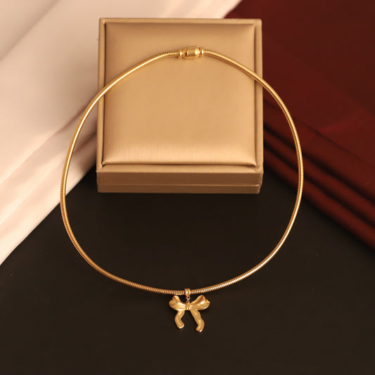 Bow Round Necklace Gold Plated – Single Layer, Anti-Tarnish, Waterproof, Minimalist Style (GOLD)