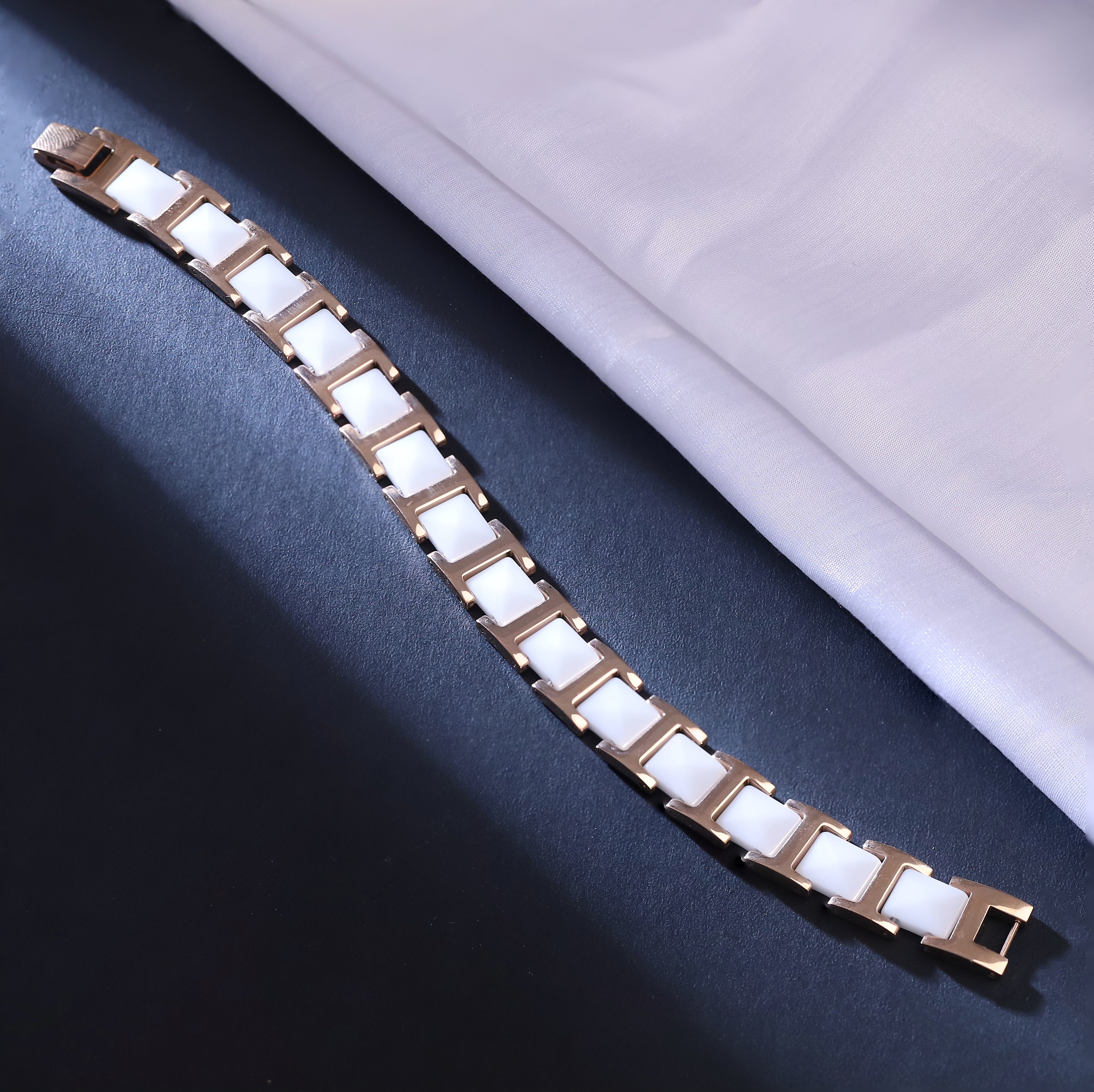 Men’s Luxury Ceramic Link Bracelet – White High-Gloss Ceramic & Rose Gold-Tone Stainless Steel – Modern Fashion Jewelry for Men