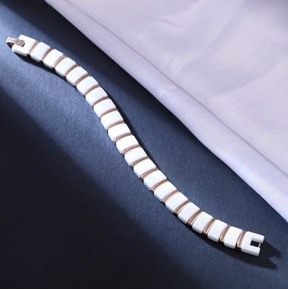 Men’s Ceramic and Stainless Steel Link Bracelet – Modern White and Rose Gold Tone Design, Durable and Stylish Accessory for Everyday Wear