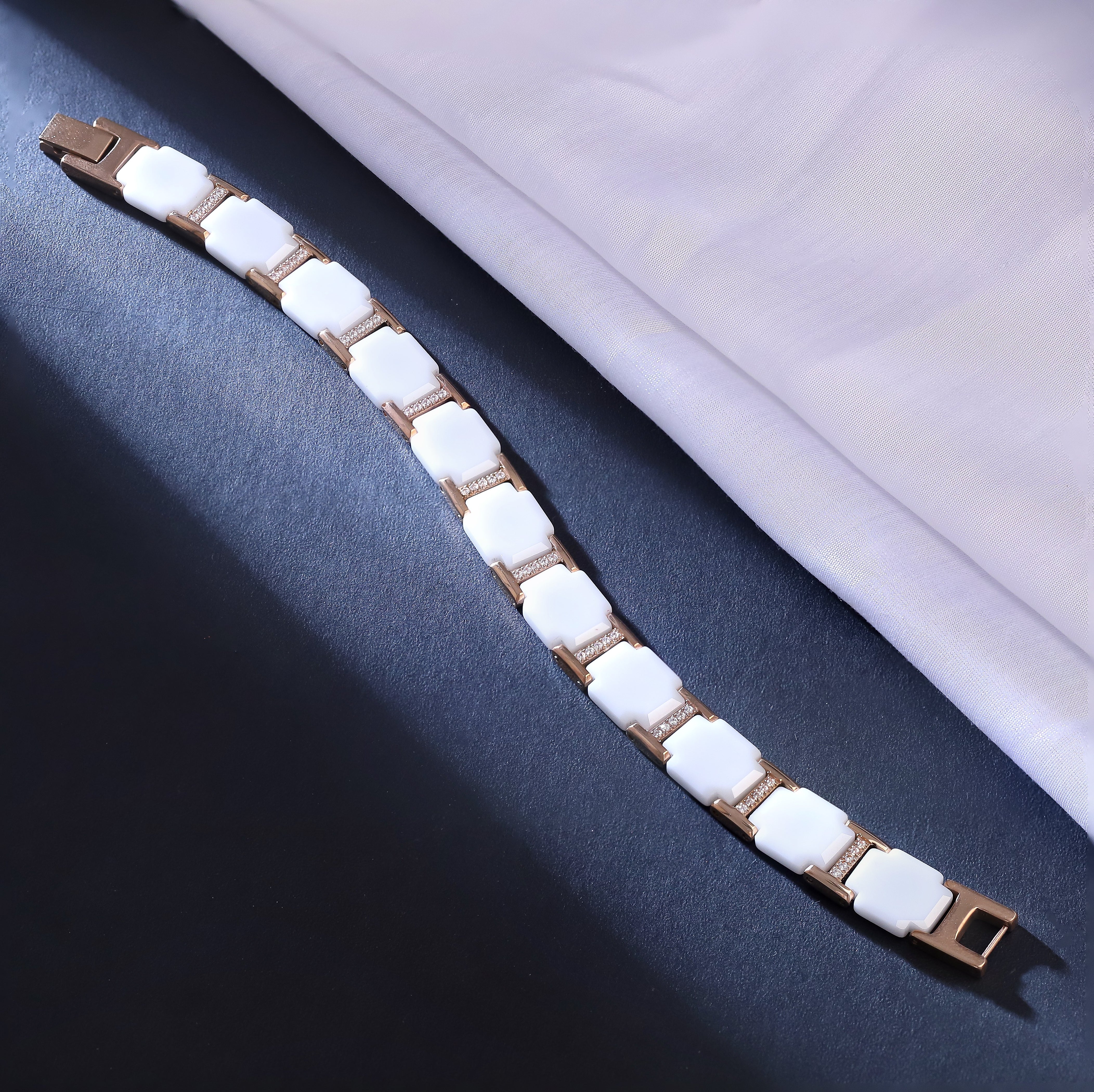 Men's Magnetic Therapy Bracelet – White Ceramic & Rose Gold Stainless Steel Link Bracelet with Germanium Magnets – Stylish Pain Relief & Wellness Jewelry for Men