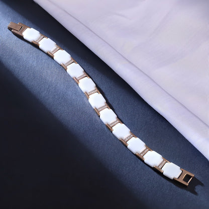 Men's Magnetic Therapy Bracelet – White Ceramic & Rose Gold Stainless Steel Link Bracelet with Germanium Magnets – Stylish Pain Relief & Wellness Jewelry for Men