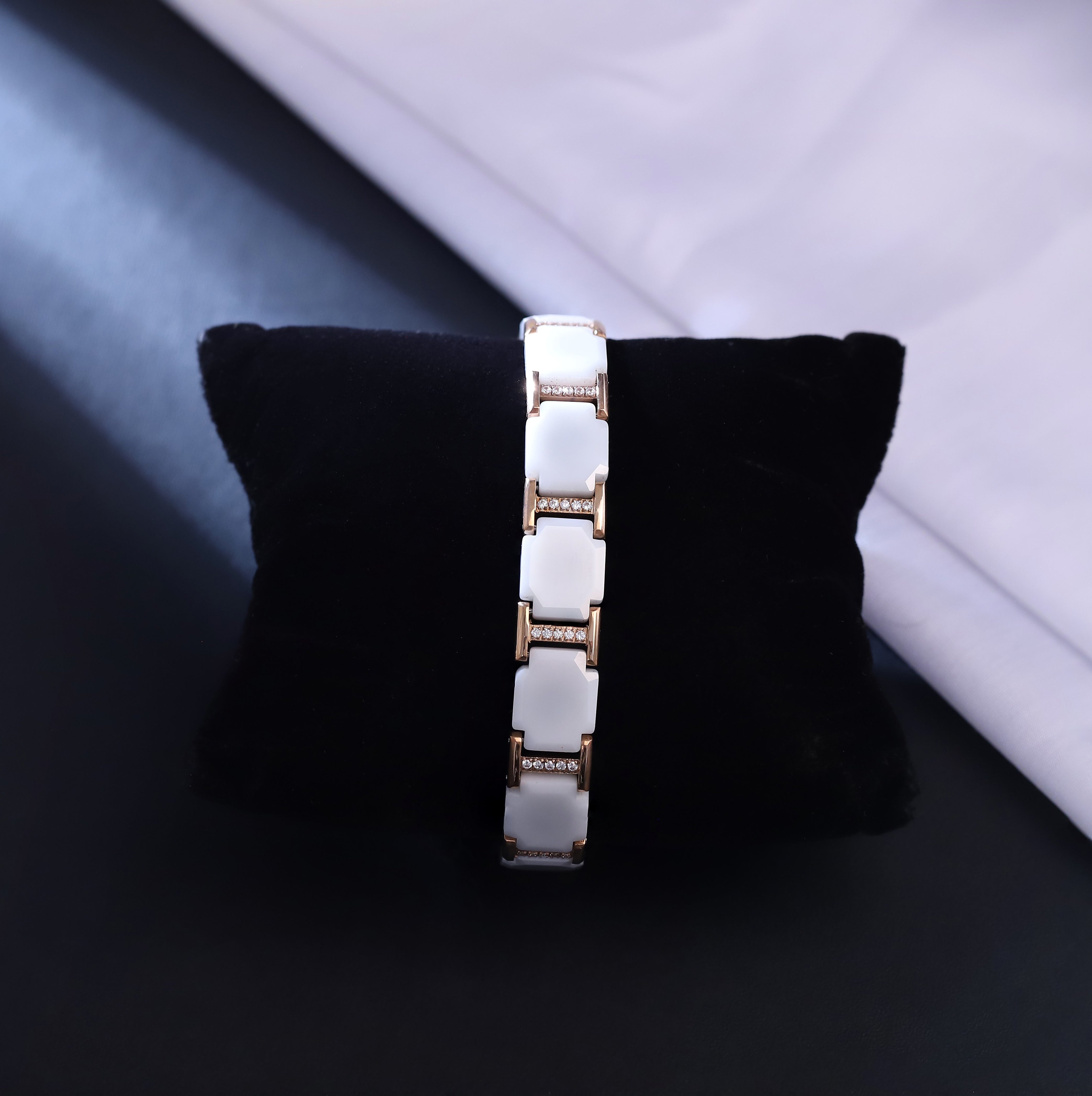 Men's Magnetic Therapy Bracelet – White Ceramic & Rose Gold Stainless Steel Link Bracelet with Germanium Magnets – Stylish Pain Relief & Wellness Jewelry for Men