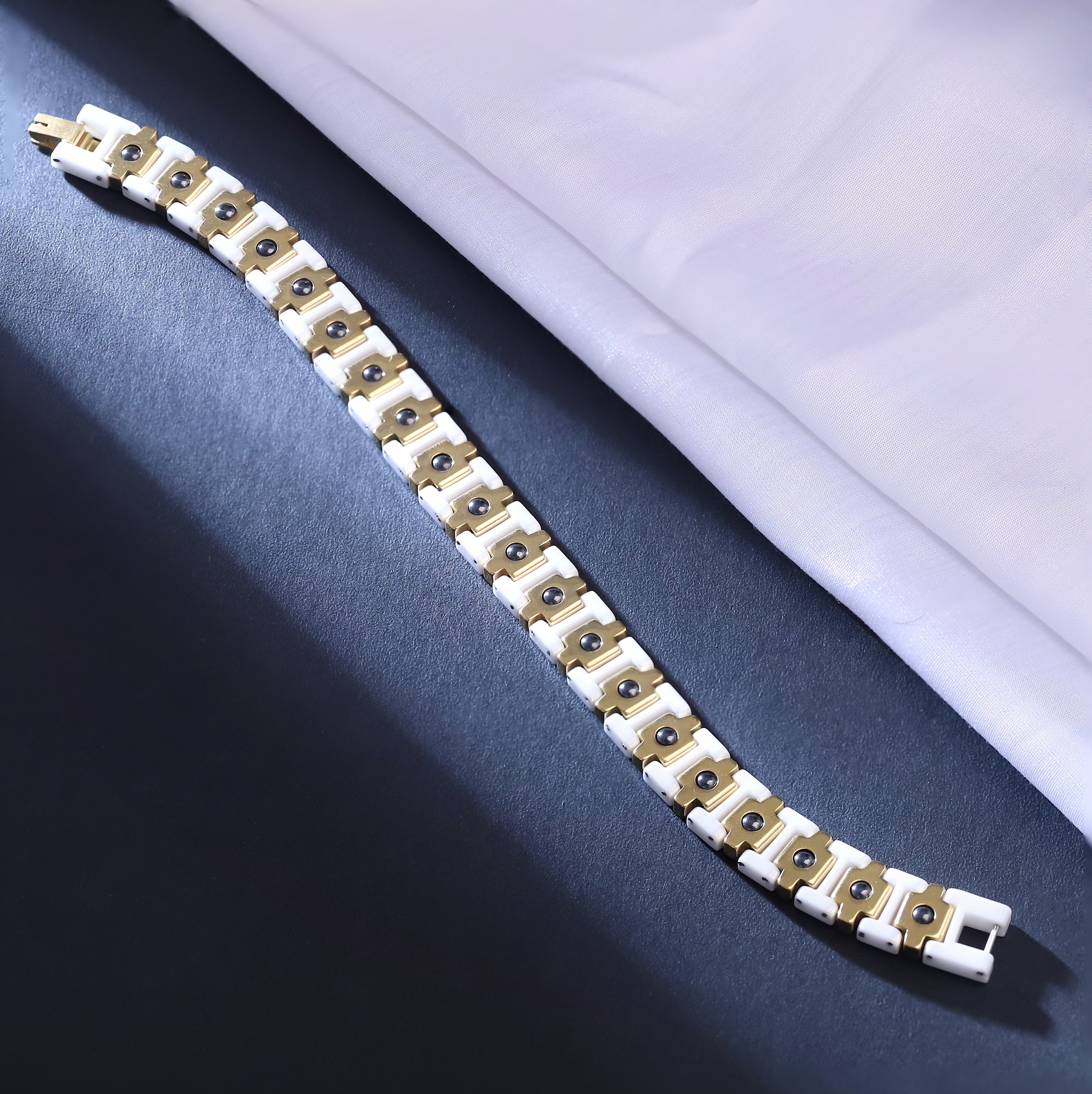 Men's Magnetic Therapy Bracelet - Elegant White Ceramic and Gold-Tone Stainless Steel Link Bracelet for Pain Relief and Stylish Wear