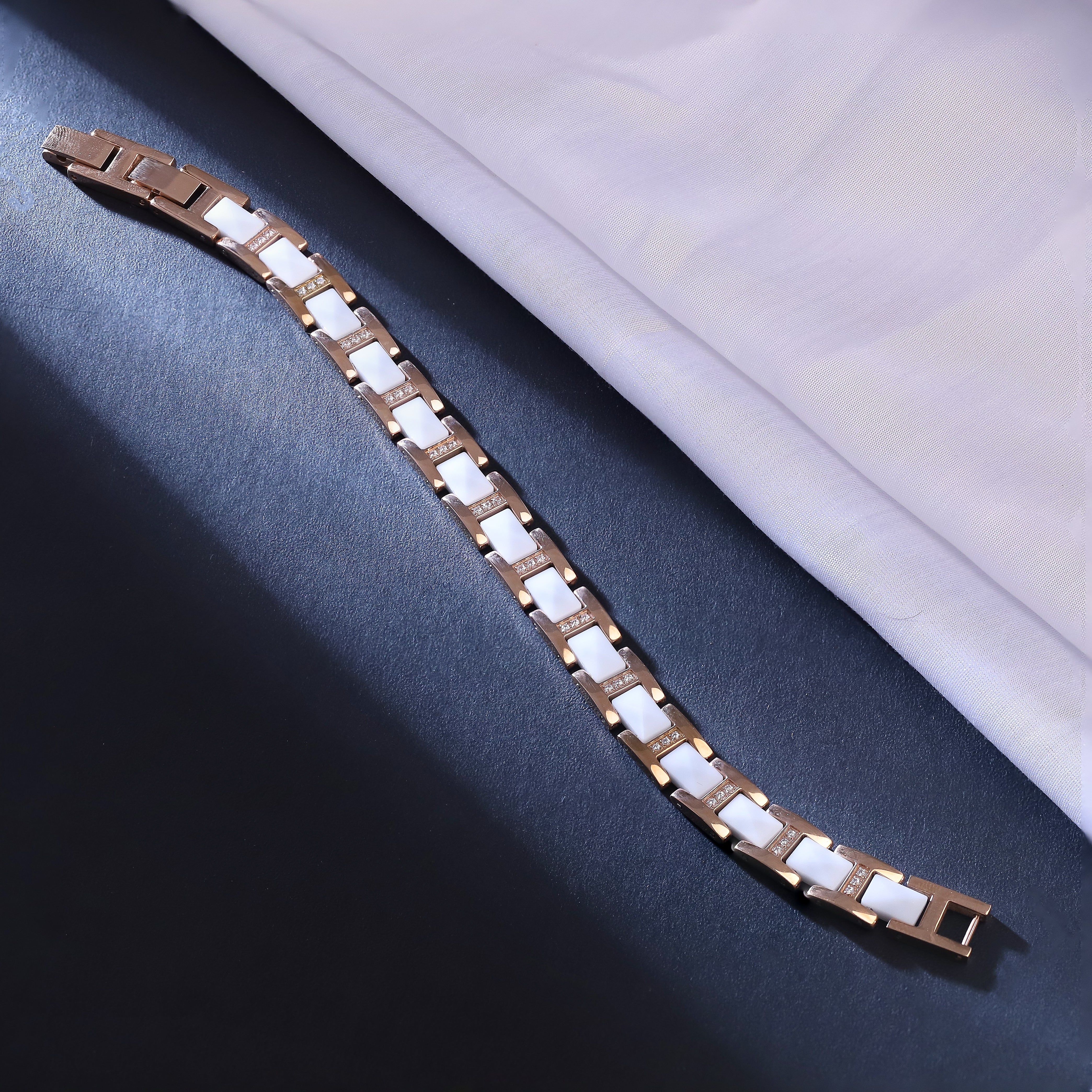 Men's Stainless Steel Magnetic Therapy Bracelet with White Ceramic Inlays and Crystal Accents - Adjustable Link Chain