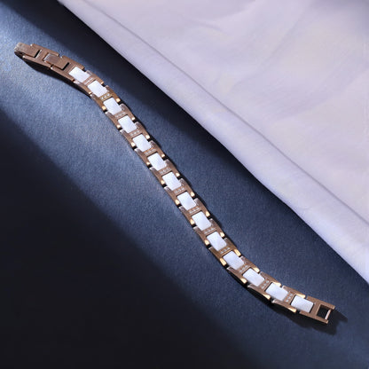 Men's Stainless Steel Magnetic Therapy Bracelet with White Ceramic Inlays and Crystal Accents - Adjustable Link Chain