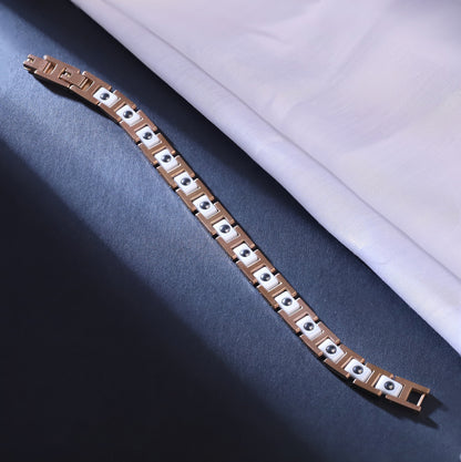 Men's Stainless Steel Magnetic Therapy Bracelet with White Ceramic Inlays and Crystal Accents - Adjustable Link Chain
