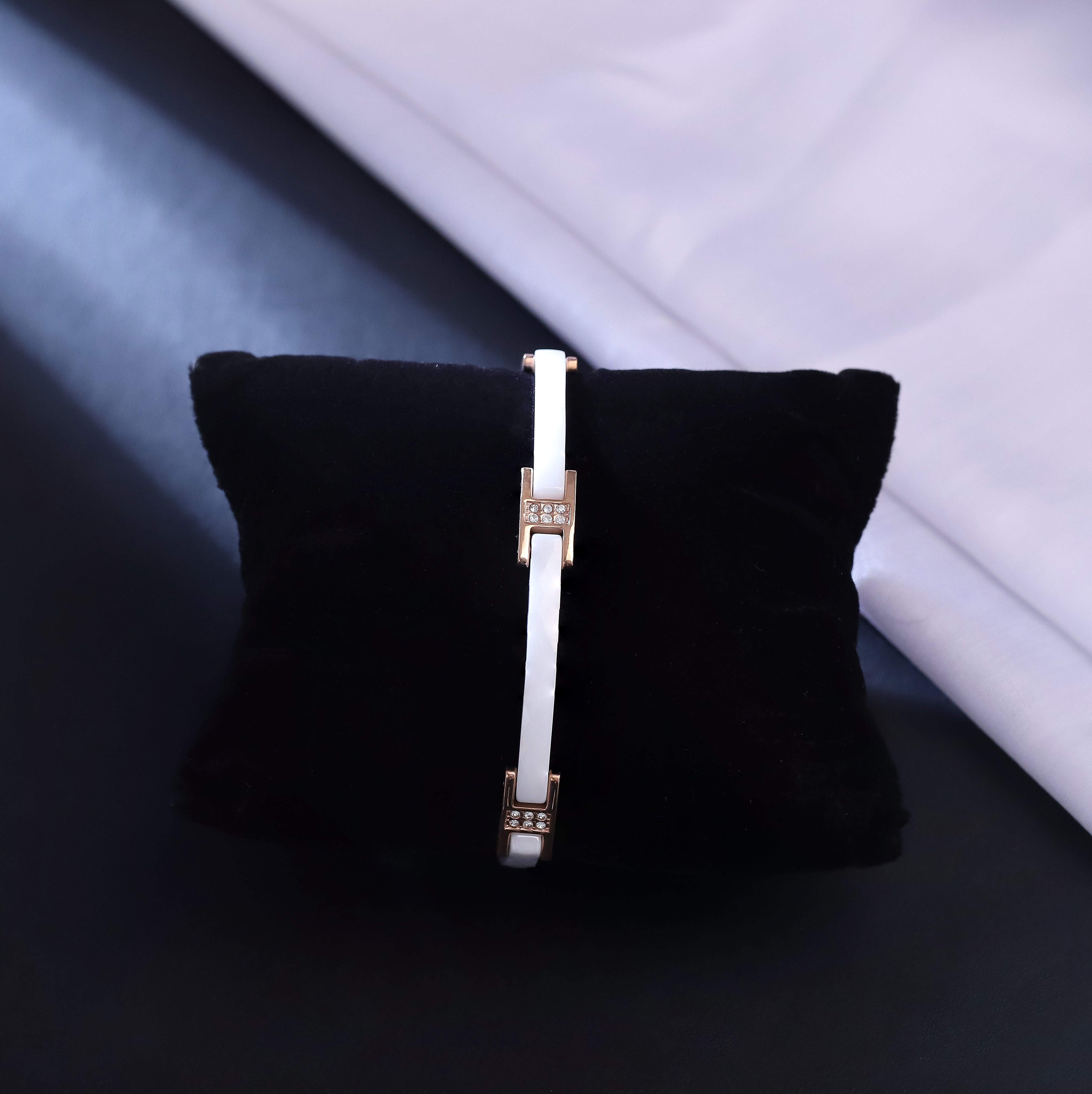 Men's White Ceramic & Rose Gold Stainless Steel Bracelet – Elegant Luxury Link Chain with Cubic Zirconia Accents