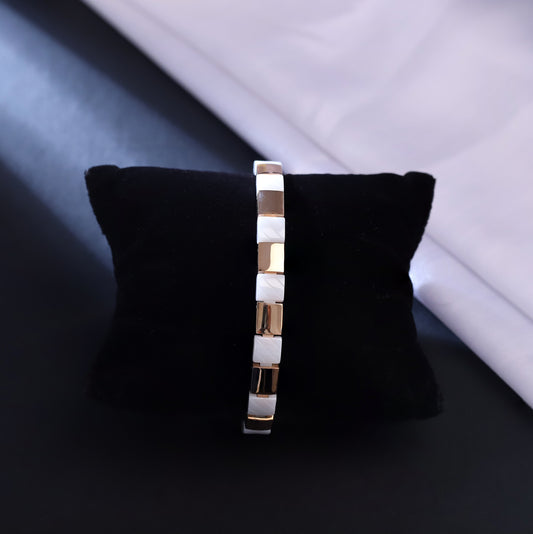 Men’s Stainless Steel and White Ceramic Link Bracelet – Modern Two-Tone Design, Durable and Stylish Wrist Accessory