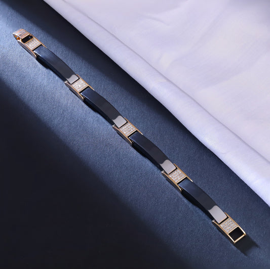 Men's Black Ceramic & Gold Plated Stainless Steel Bracelet with Cubic Zirconia Accents - Elegant Link Design, Durable and Stylish Wristwear