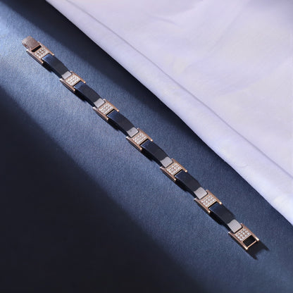 Men's Luxury Black Ceramic and Rose Gold Stainless Steel Bracelet – Elegant Link Design with Cubic Zirconia Accents, Hypoallergenic, Scratch Resistant, Gift Box Included