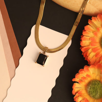 Snake Chain with Black Stone Charm Gold Plated – Single Layer, Anti-Tarnish, Waterproof, Minimalist Style (GOLD)