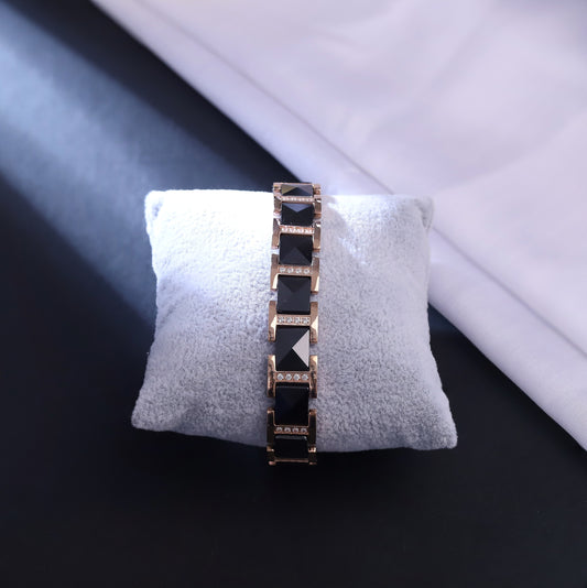 Men's Luxury Black Onyx Pyramid Link Bracelet with Rose Gold Plating and Cubic Zirconia Accents