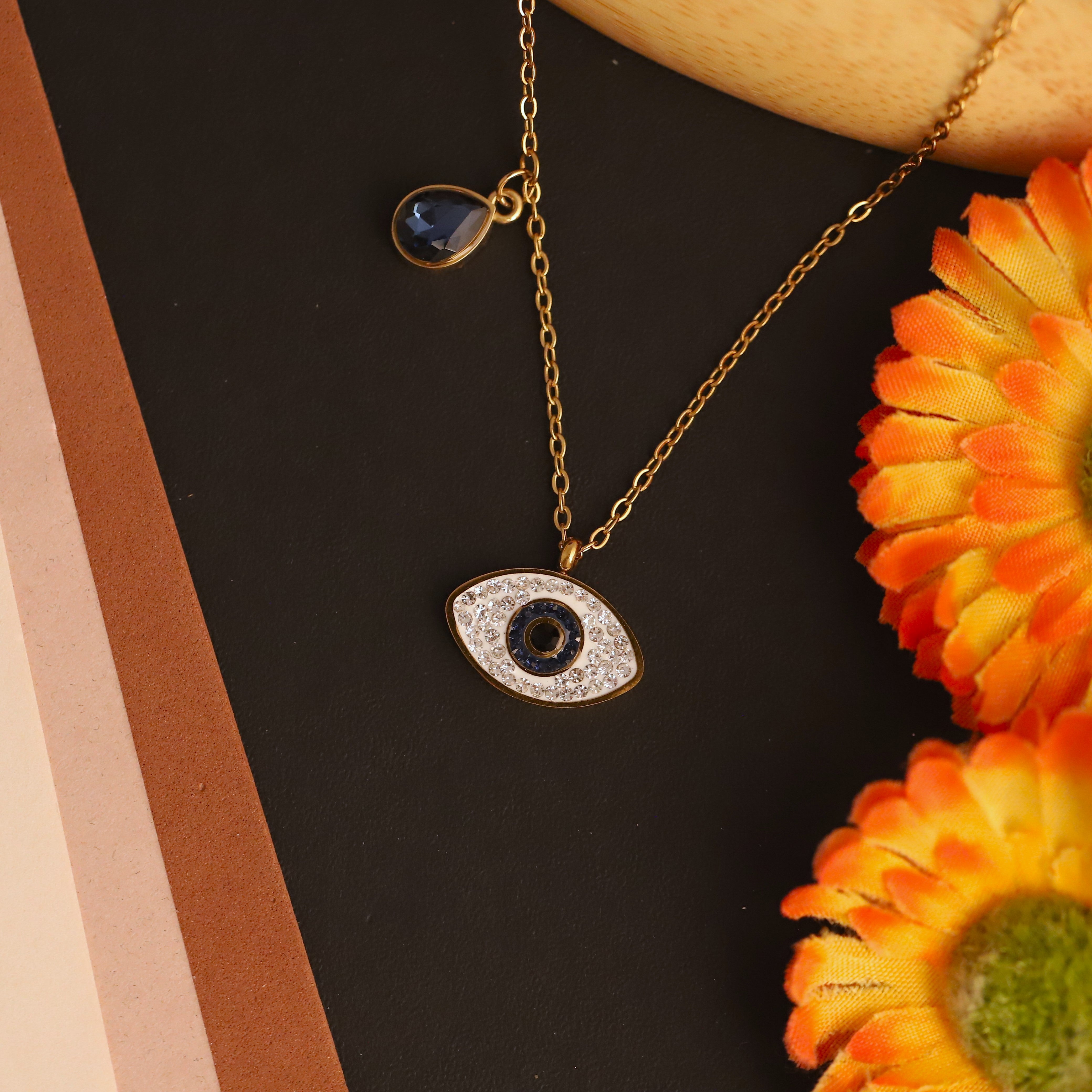 Evil Eye Charm Blue Stone Chain Gold Plated – Single Layer, Anti-Tarnish, Waterproof, Minimalist Style (GOLD)
