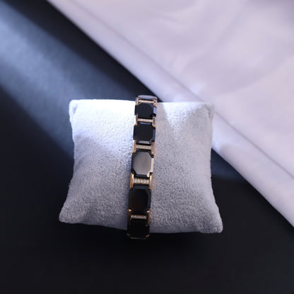 Men's Black Ceramic Magnetic Bracelet – Elegant Gold Accents, Tungsten Steel Links, Negative Ion Therapy, Luxury Jewelry for Wellness and Style