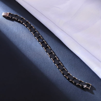 Men's Black Geometric Link Bracelet – Premium Stainless Steel with High-Gloss Black Cubic Zirconia Inlay