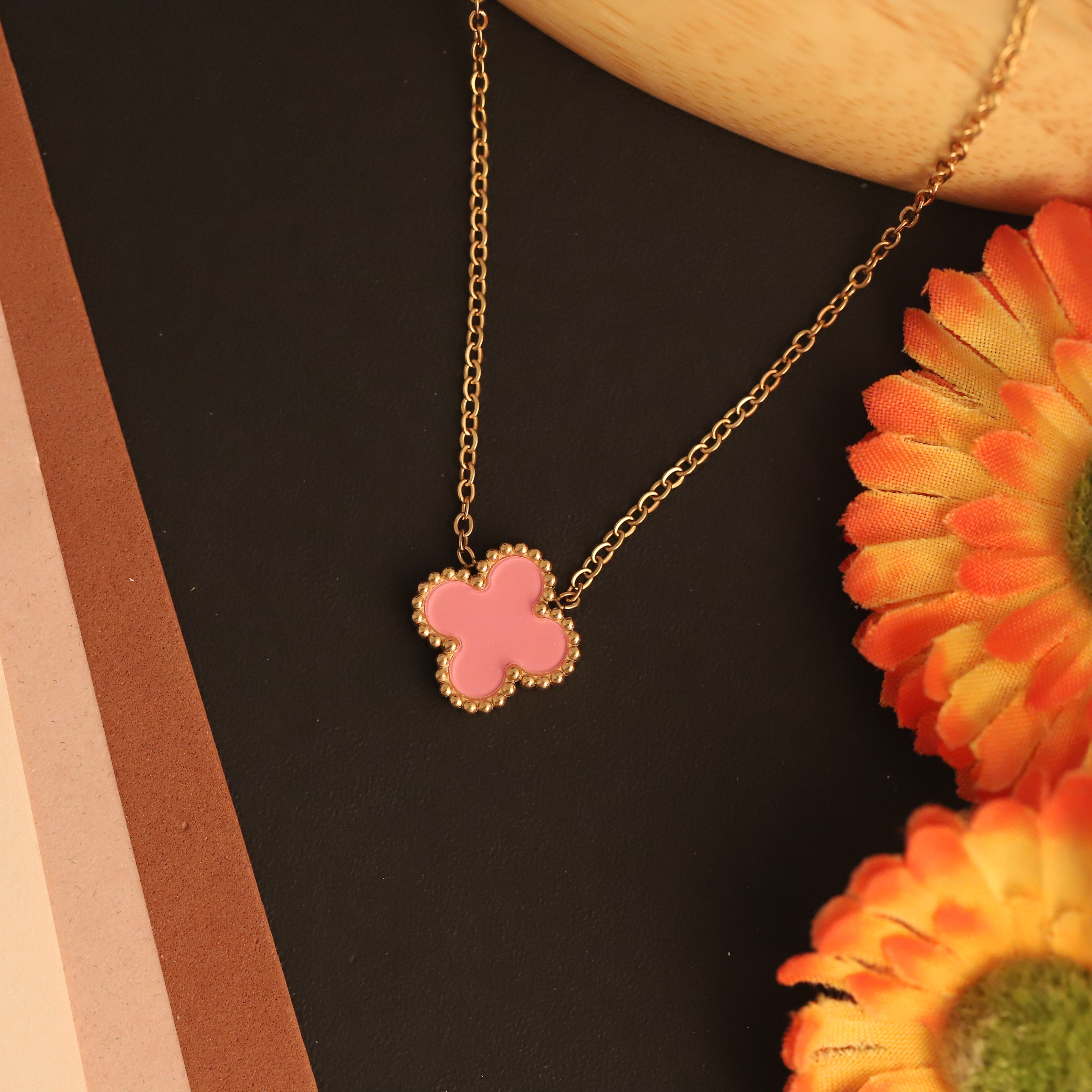 Flower Charm Pink Chain Gold Plated – Single Layer, Anti-Tarnish, Waterproof, Minimalist Style (GOLD)