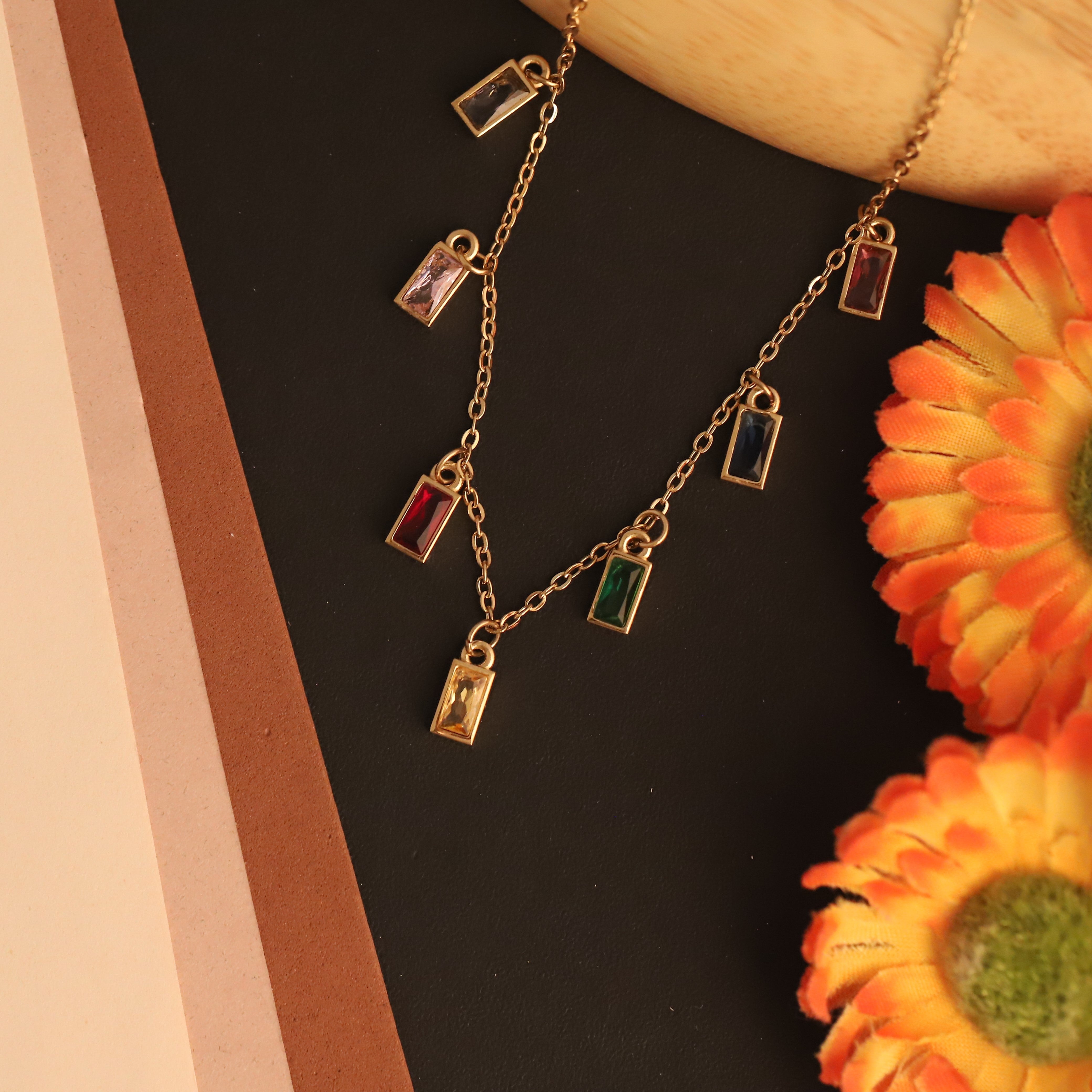 Zircon stone Multi Color Chain Gold Plated – Single Layer, Anti-Tarnish, Waterproof, Minimalist Style (GOLD)