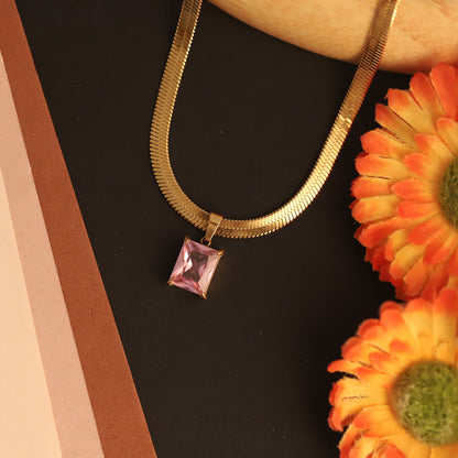 Snake Chain with Pink Stone Charm Gold Plated – Single Layer, Anti-Tarnish, Waterproof, Minimalist Style (GOLD)