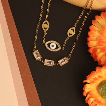 Evil Eye White Stone Chain Gold Plated – Double Layer, Anti-Tarnish, Waterproof, Minimalist Style (GOLD)